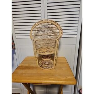 Vintage Wicker Rattan Peacock Doll Chair Plant Stand Holder Beige Decorative